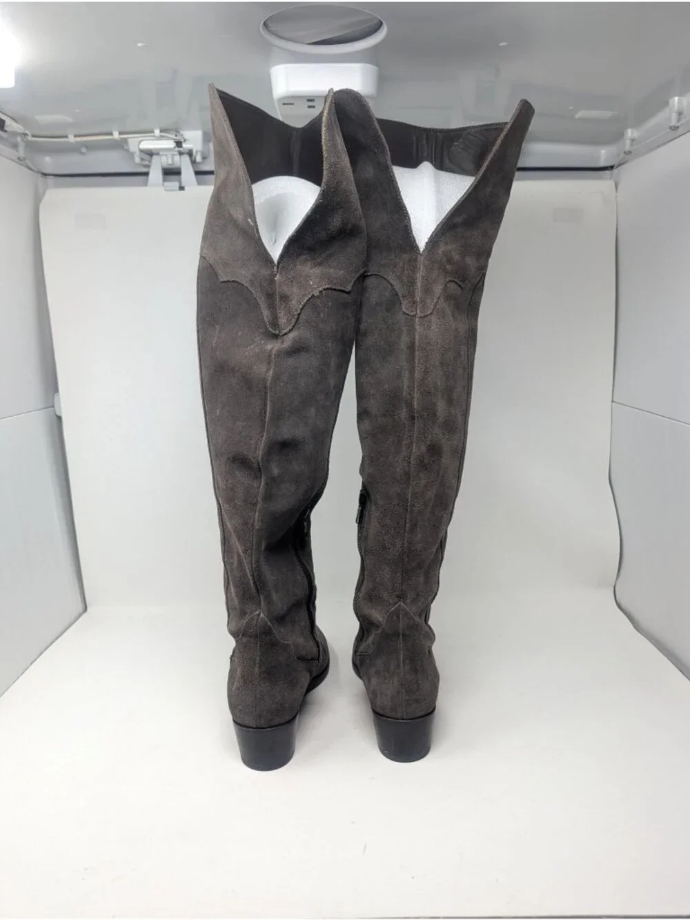 Frye Over Knee Suede Boots 8 Gray Leather Heel